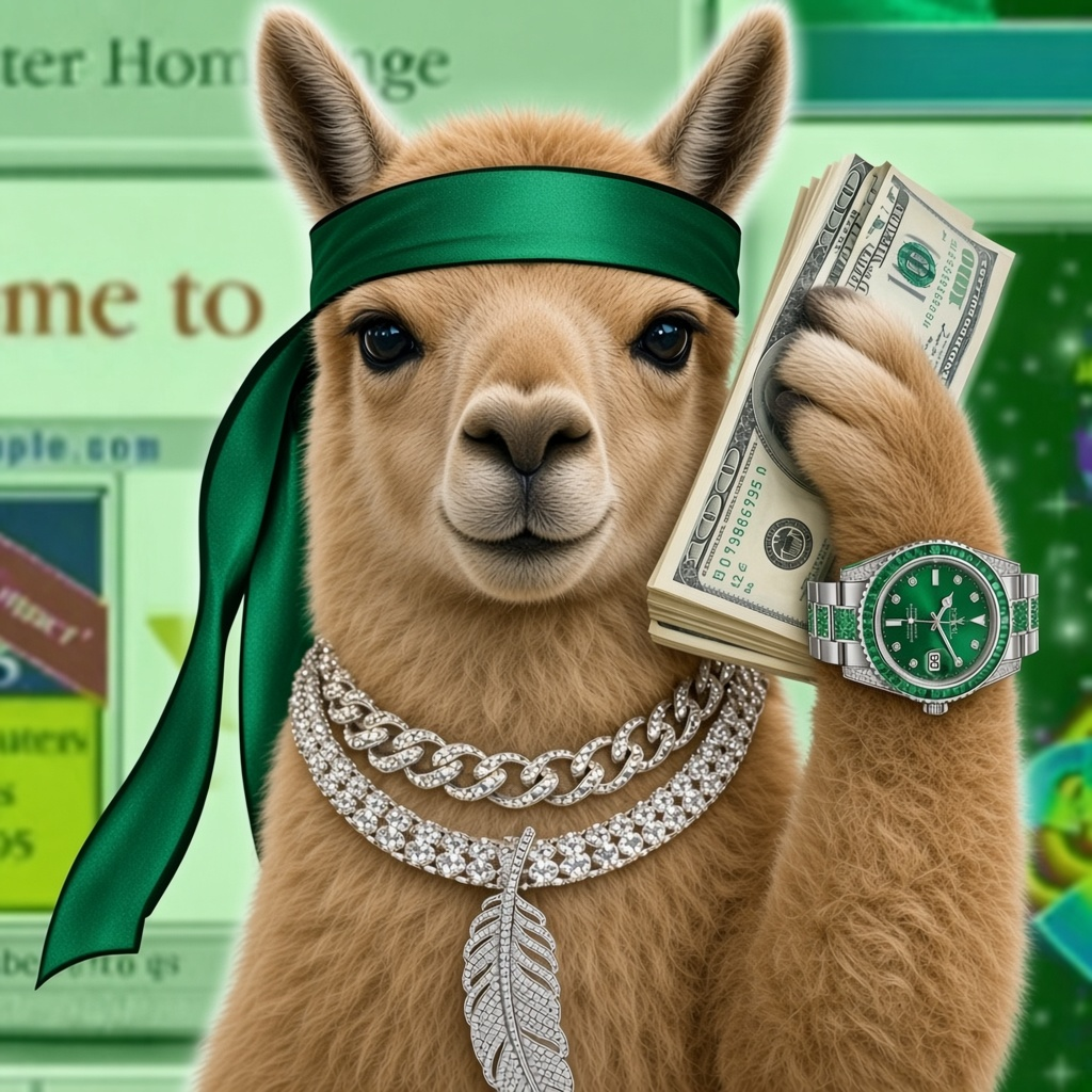Iced-out llama in a green headband holding a stack of hundreds